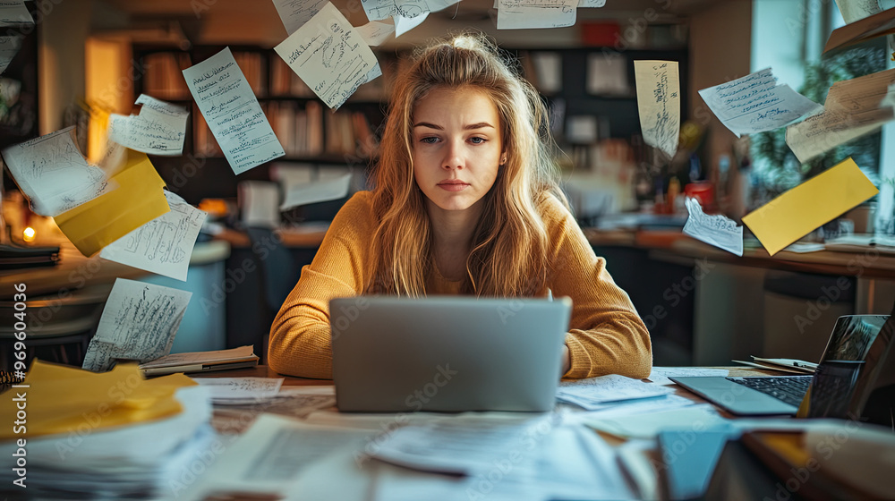 Woman at Laptop Overwhelmed by Bills and Work as Papers Floating Abstract Concept, Worried Looking at Laptop on Messy Desk - Wide Banner Background Woman at Laptop Overwhelmed by Bills and Work as Papers Floating Abstract Concept, Worried Looking at Laptop on Messy Desk - Wide Banner Background