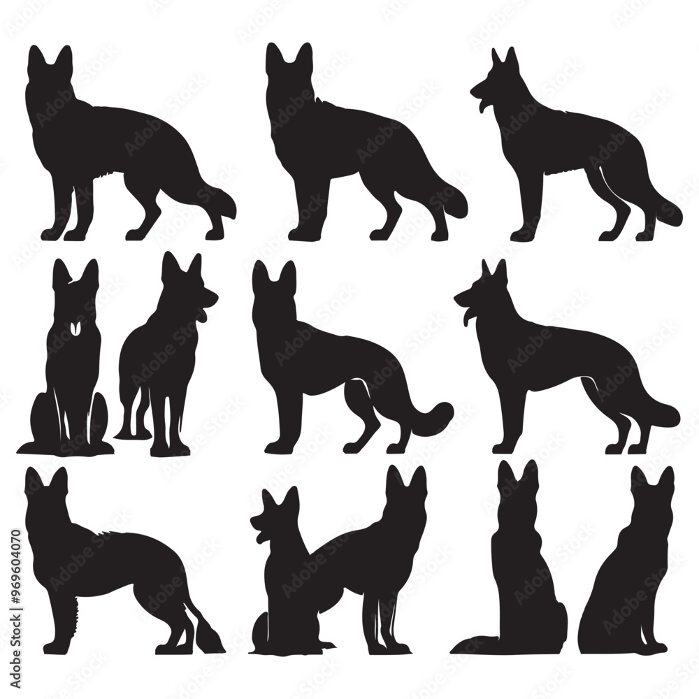 A set of German shepherd dog breed silhouette on white background A set of German shepherd dog breed silhouette on white background