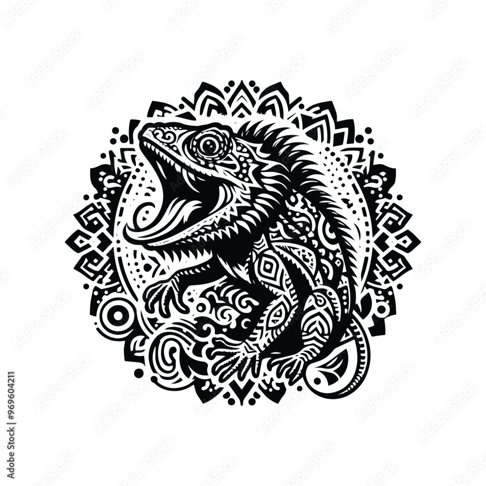 Frilled lizard in bohemian black and white silhouette illustration - Frilled lizard in bohemian black and white silhouette illustration -