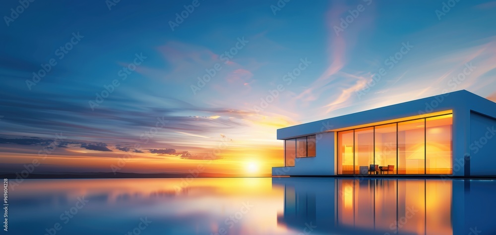 A modern house at sunset, reflecting in tranquil water, with vibrant colors illuminating the sky. Ideal for architectural photography. A modern house at sunset, reflecting in tranquil water, with vibrant colors illuminating the sky. Ideal for architectural photography.