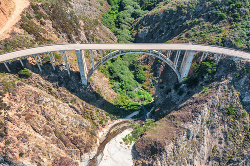 Beautiful scenery of Pacific Ocean coast along Highway 1 and Big Sur, wonderful aerial view of Bixby Bridge, sunset, sunrise, fog. Concept, travel, vacation, weekend photo