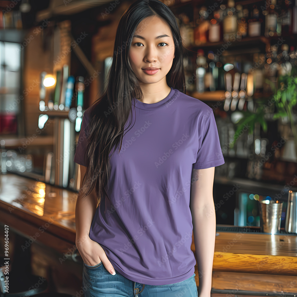 A young Asian woman stands confidently in a casual purple t-shirt at a stylish bar, showcasing a relaxed yet vibrant atmosphere. A young Asian woman stands confidently in a casual purple t-shirt at a stylish bar, showcasing a relaxed yet vibrant atmosphere.