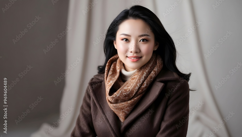 A cheerful young woman wearing a brown coat and scarf, posed against a soft backdrop, exuding warmth and elegance, perfect for winter-themed visuals. A cheerful young woman wearing a brown coat and scarf, posed against a soft backdrop, exuding warmth and elegance, perfect for winter-themed visuals.