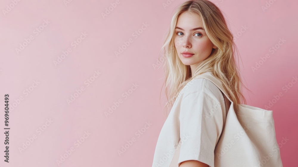 Young Woman with Tote Bag Against Pink Background. Young Woman with Tote Bag Against Pink Background.