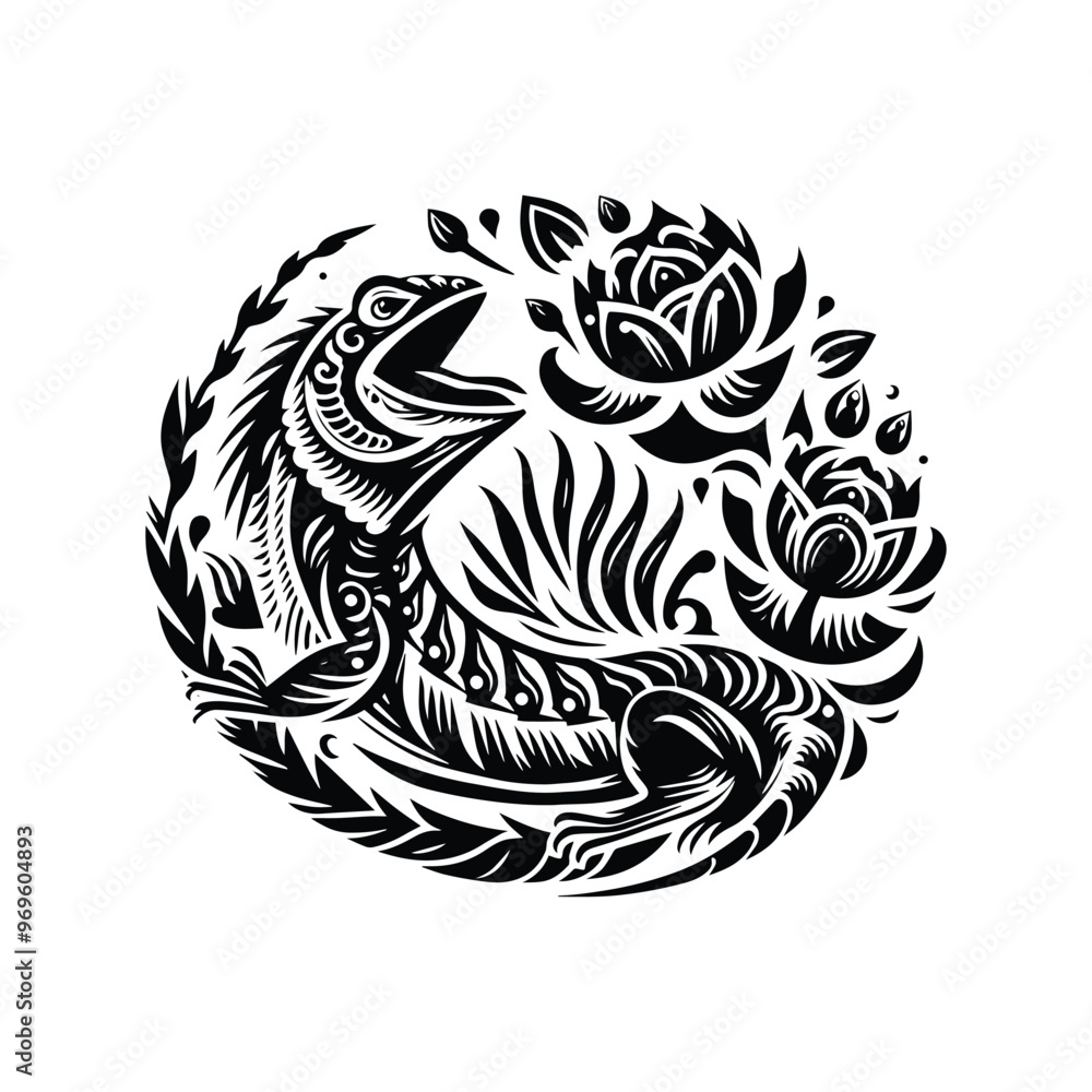 Frilled lizard in folk art black and white silhouette illustration - Frilled lizard in folk art black and white silhouette illustration -