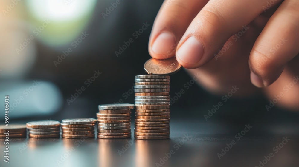 Hand Placing Coin On Top Of Stack Of Coins. Hand Placing Coin On Top Of Stack Of Coins.
