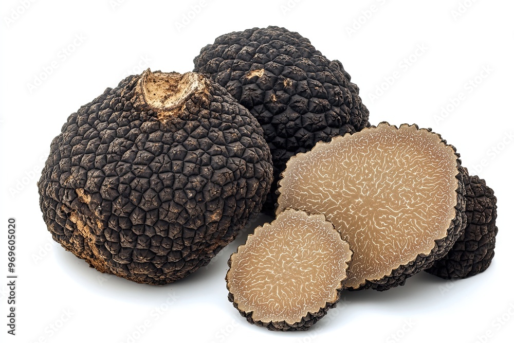 Black truffles with slices on white background Black truffles with slices on white background