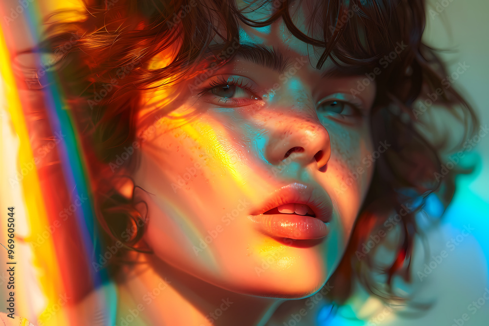 A young woman with curly hair and freckles, bathed in vibrant rainbow light, showcasing a captivating and artistic portrait. A young woman with curly hair and freckles, bathed in vibrant rainbow light, showcasing a captivating and artistic portrait.