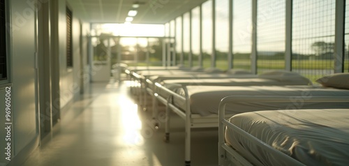 A serene hospital ward bathed in natural light, featuring empty beds and a tranquil atmosphere for recovery and healing.