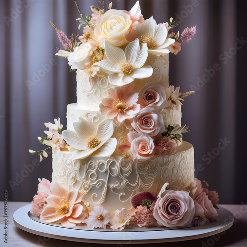 Elegant Floral Cake with Intricate Decorations