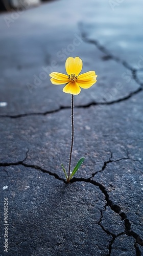 A single yellow flower blooms through a crack in the pavement, symbolizing resilience, hope, and the beauty of nature in urban environments.