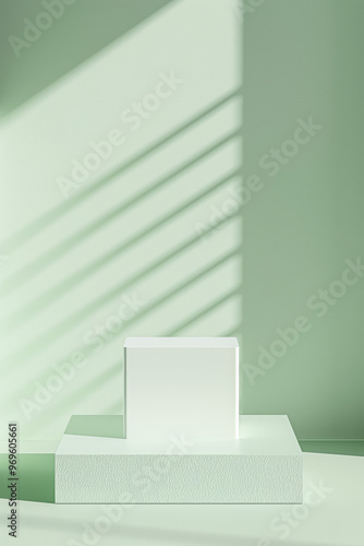 White empty rectangular podium with striped light shadows on soft green background. Product display background with copy space
