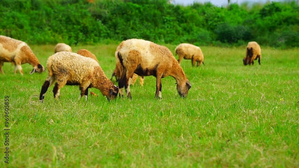 Herd of sheep grazing in a green meadow Herd of sheep grazing in a green meadow