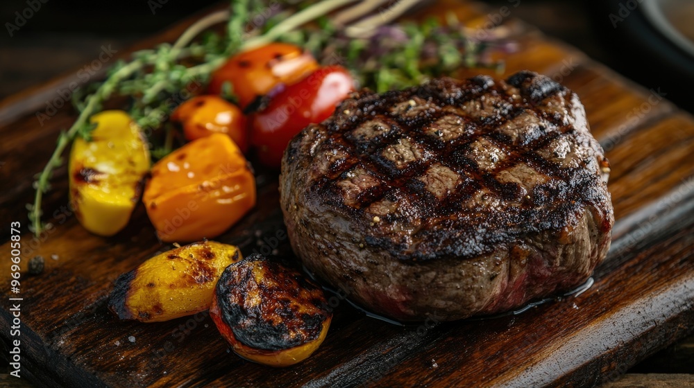 A perfectly grilled steak rests on a wooden platter, surrounded by vibrant, charred vegetables. The enticing aroma fills the air during an outdoor barbecue gathering A perfectly grilled steak rests on a wooden platter, surrounded by vibrant, charred vegetables. The enticing aroma fills the air during an outdoor barbecue gathering