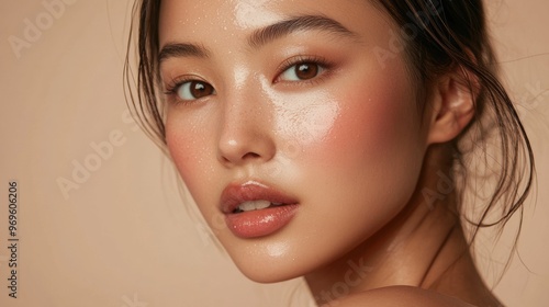 Closeup portrait of a woman with dewy skin and natural makeup. photo