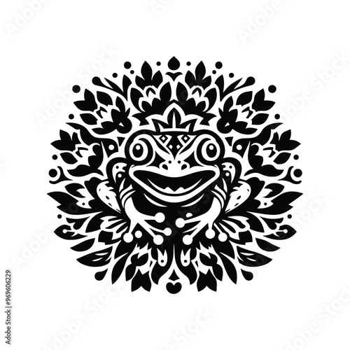 frog in folk art black and white silhouette illustration -