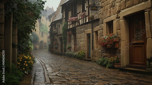 Fototapeta Naklejka Na Ścianę i Meble -  A charming cobblestone street in a small village, the rain creating a soft