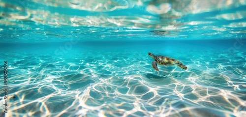 A serene underwater scene featuring a graceful turtle gliding through crystal-clear turquoise waters, showcasing marine beauty.