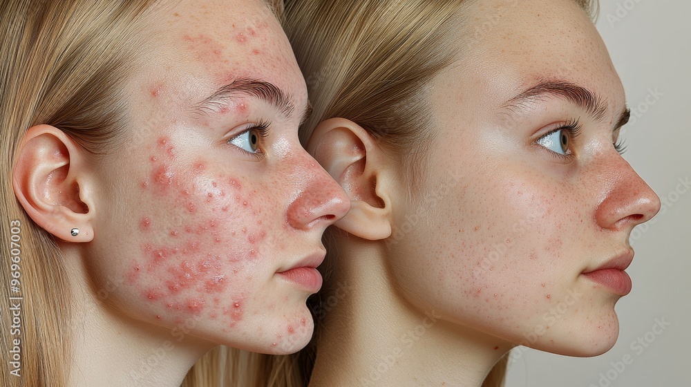 Obraz premium Before and After Acne Treatment on Young Woman's Face.