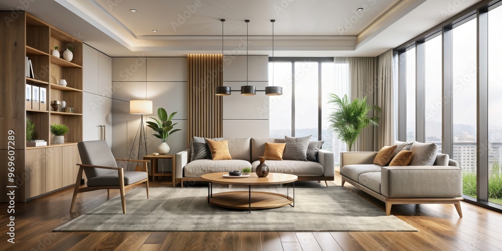 Modern living room with sleek furniture, minimalistic decor, and a neutral color palette, modern, chic, living area Modern living room with sleek furniture, minimalistic decor, and a neutral color palette, modern, chic, living area