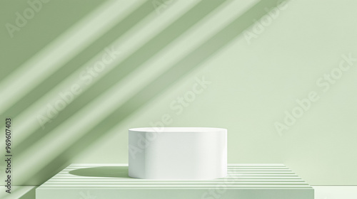 White empty rectangular podium with striped light shadows on soft green background. Product display background with copy space