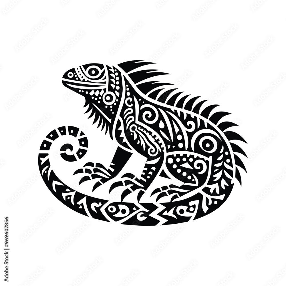 Iguana in folk art black and white silhouette illustration - Iguana in folk art black and white silhouette illustration -