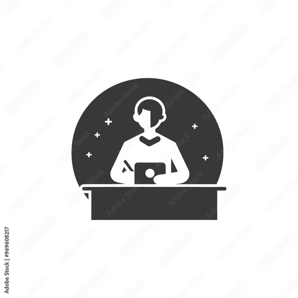 A Silhouette of a Person Sitting at a Desk with a Tablet A Silhouette of a Person Sitting at a Desk with a Tablet