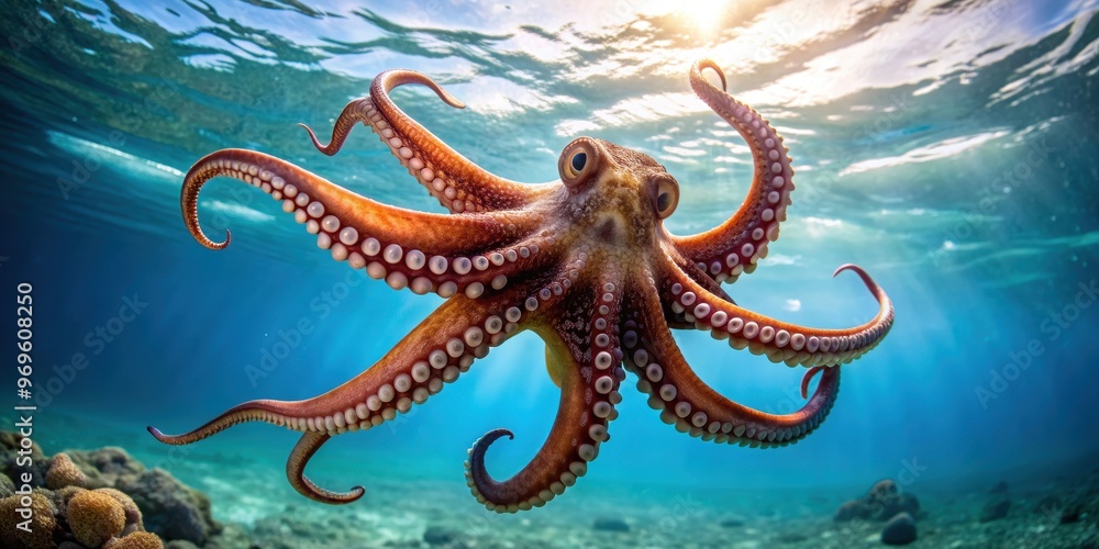 Close-up photo of a common octopus in the ocean, wildlife, animal, ocean, undersea, marine, underwater Close-up photo of a common octopus in the ocean, wildlife, animal, ocean, undersea, marine, underwater