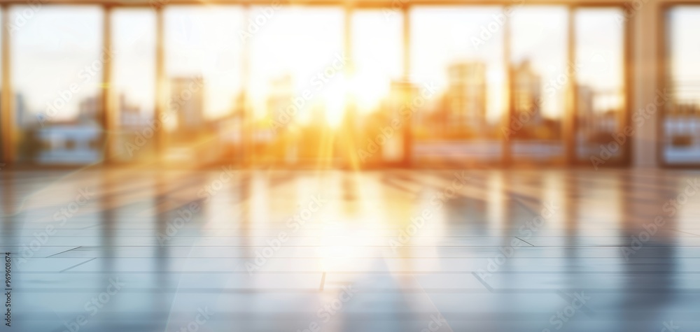 Bright sunrise view through large windows, illuminating a spacious room with reflective floors and cityscape in the background. Bright sunrise view through large windows, illuminating a spacious room with reflective floors and cityscape in the background.