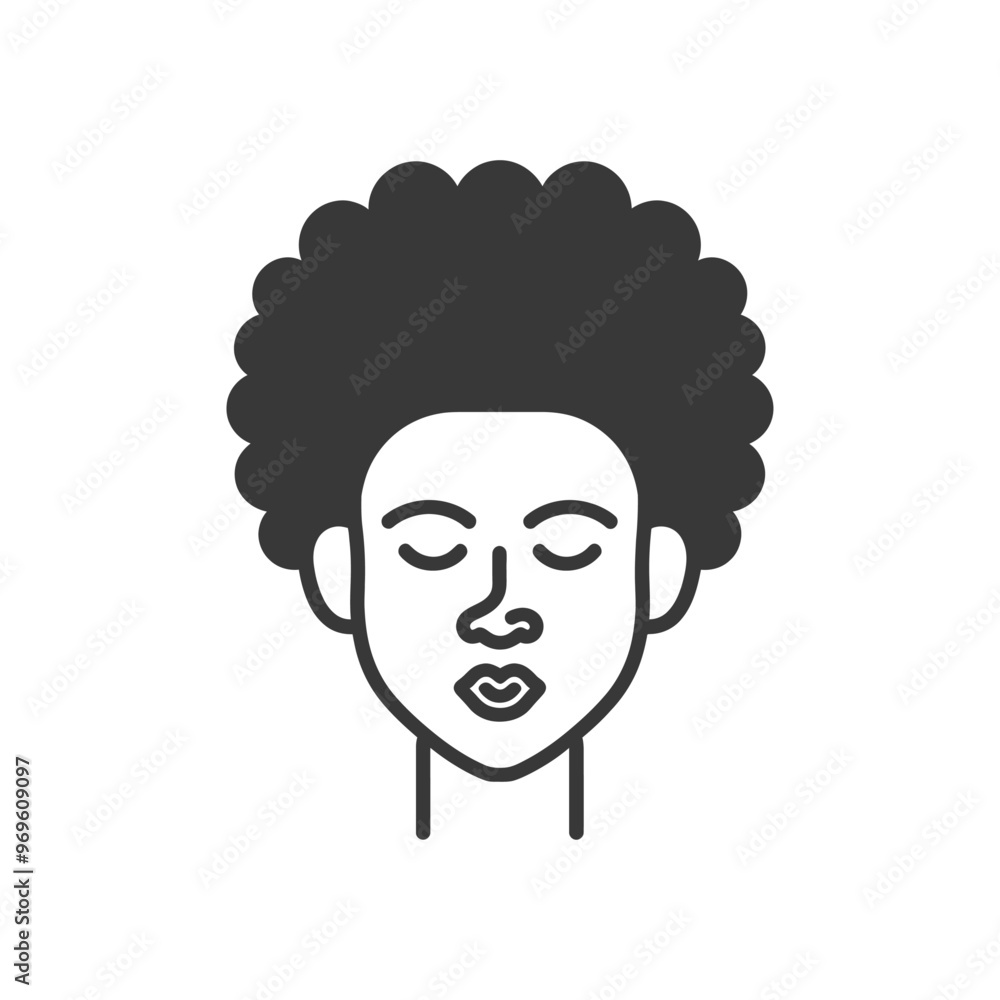 A simple black and white line drawing of a person with closed eyes and an afro A simple black and white line drawing of a person with closed eyes and an afro