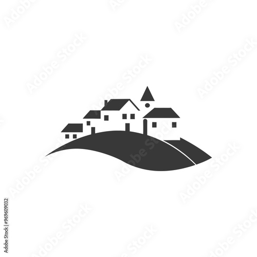 A simple black and white illustration of a village on a hill