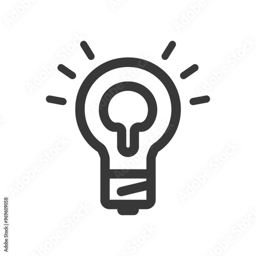 A simple black and white line drawing of a lightbulb with rays emanating from the top