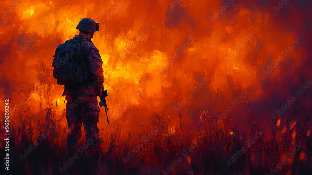 Silhouette of a soldier standing in a field of tall grass against a fiery orange background. Silhouette of a soldier standing in a field of tall grass against a fiery orange background.