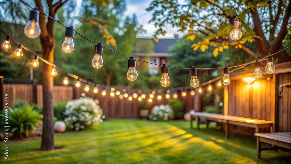 Fototapeta premium Outdoor party string lights hanging in backyard, festive, celebration, lighting, decoration, backyard, summer, night