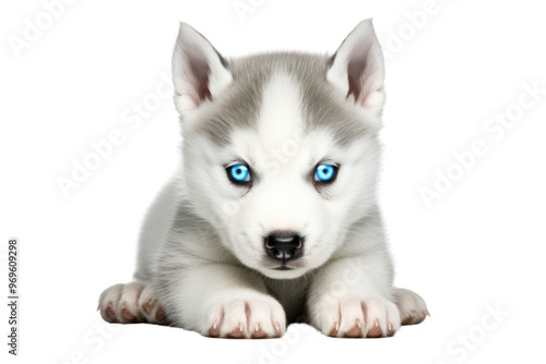 A sweet Siberian Husky puppy with striking blue eyes and a distinctive mask. Isolated on white background