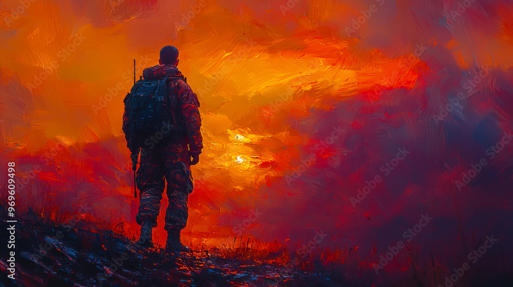 A soldier stands silhouetted against a fiery sunset. A soldier stands silhouetted against a fiery sunset.