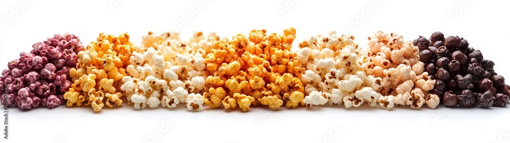 Gourmet Popcorn Variety Display, an enticing arrangement of colorful popcorn flavors presented on a clean white backdrop, showcasing textures and vibrant colors for a captivating visual experience. Gourmet Popcorn Variety Display, an enticing arrangement of colorful popcorn flavors presented on a clean white backdrop, showcasing textures and vibrant colors for a captivating visual experience.