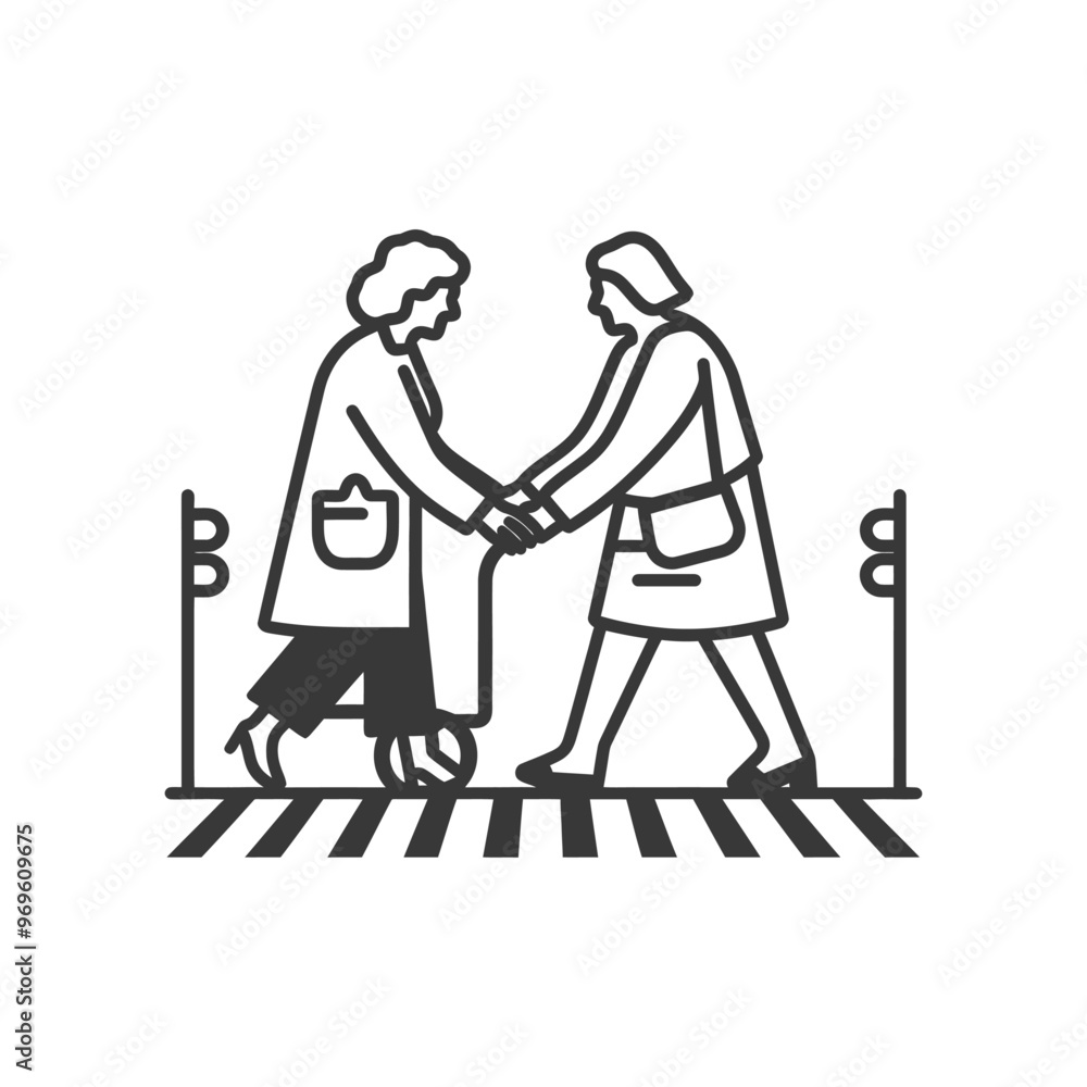 Two People Crossing a Crosswalk One Using a Walker