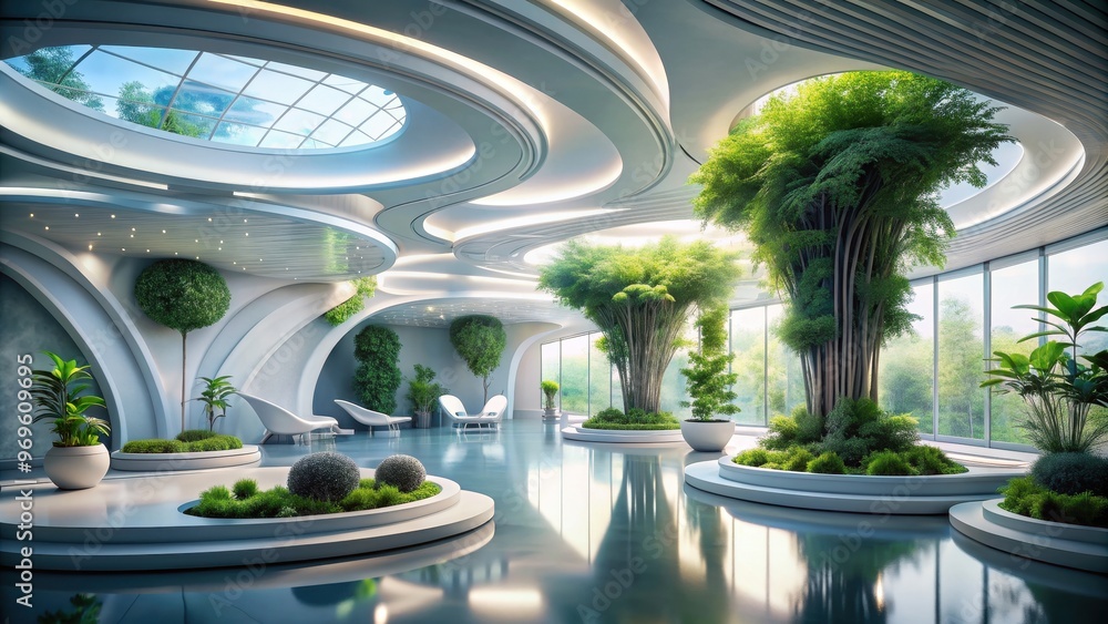Futuristic interior space blending organic forms and natural elements ...