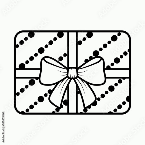 festive gift box with bow tied with ribbon top view contour drawing flat style