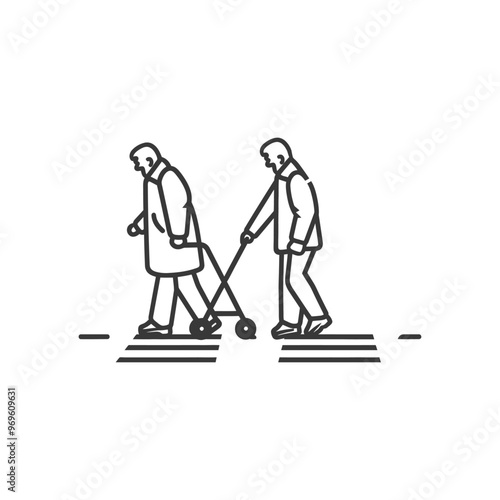 Two Older People Walking on a Crosswalk One Using a Walker