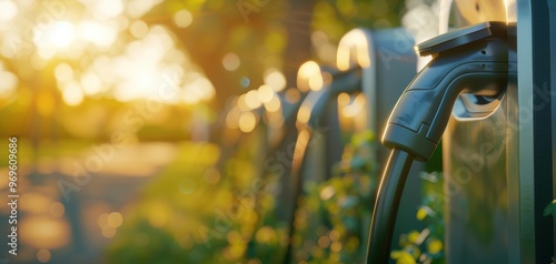 Wallpaper Mural Electric vehicle chargers lined up in a serene sunset setting, symbolizing sustainable transportation and green energy. Torontodigital.ca