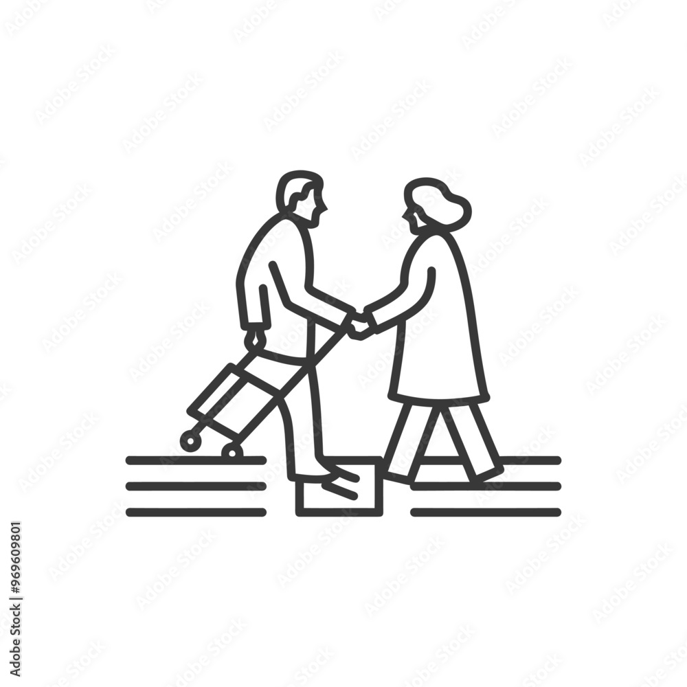 Two people shaking hands while one pulls a suitcase Two people shaking hands while one pulls a suitcase