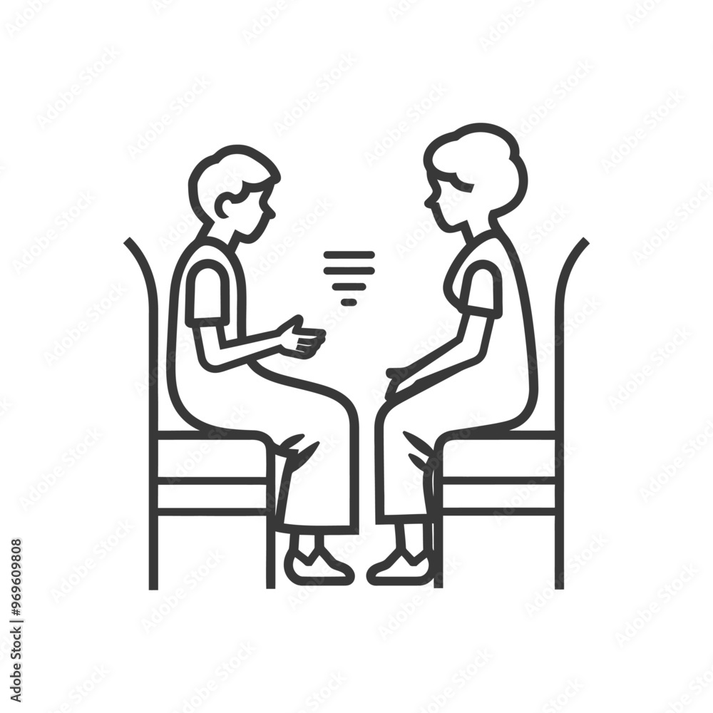 Two People Sitting and Talking with a Conversation Bubble Above Them Two People Sitting and Talking with a Conversation Bubble Above Them