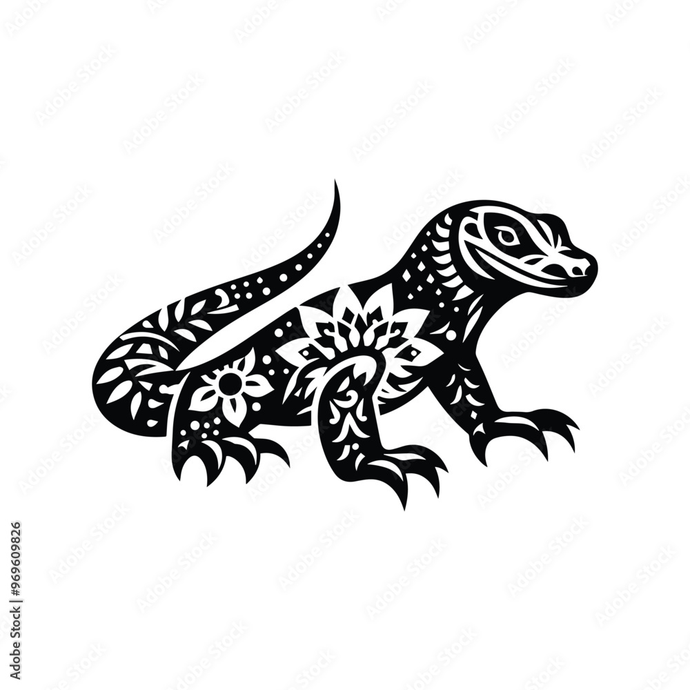 Fototapeta premium Komodo in folk art black and white silhouette illustration -