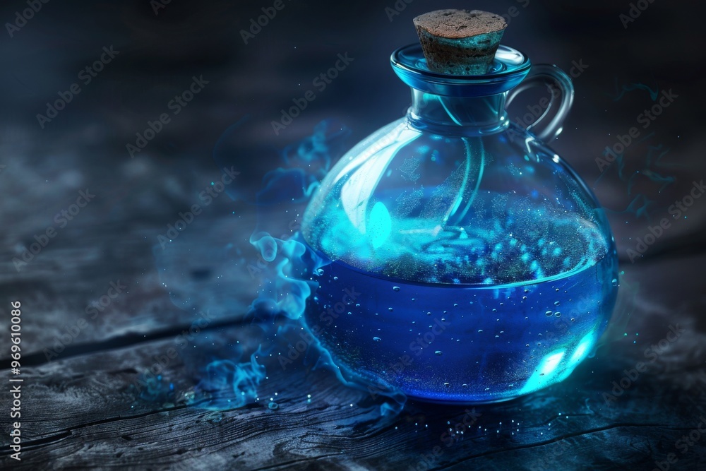 A glass bottle filled with glowing blue liquid, sitting on a wooden table. The liquid appears to be magical or mystical. A glass bottle filled with glowing blue liquid, sitting on a wooden table. The liquid appears to be magical or mystical.