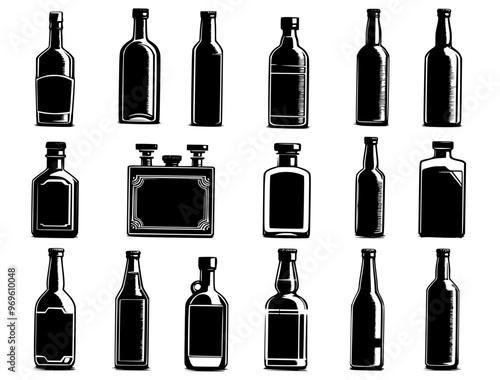 bottles and glasses, black silhouette bottle full