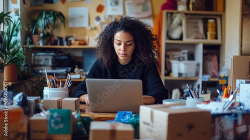 Young woman working on a laptop in her home office.