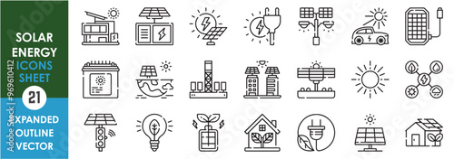 A set of line icons related to Solar Energy. Solar, electric, bulb, green energy, battery, traffic light, home, charge, and so on. Vector outline icons set.