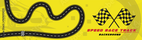 Creative vector illusion of race track isolated on yellow background. Speed race track background design with sport car.